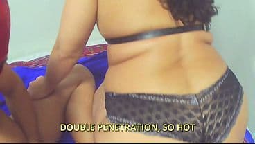 SUBTITLES - Real cuckold - A 43-year-old married and sensual woman uses a leather harness and black lace panties to tease on video calls.